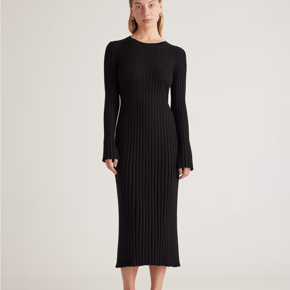 Quince Womens Cotton Cashmere Ribbed Long Sleeve Crew Midi Dress Black M - Picture 4 of 4